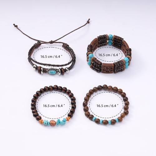 Mens Beaded Bracelets Tribal Wooden Elastic Adjustable Prayer Beads Wrap Cuff for Women - color: H: 4pcs