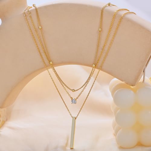 14K Gold Silver Plated Layered Necklaces for Women Trendy | Necklaces for Women Trendy, Stackable Dainty Chain Necklace, Beach Cute Fashion Pendant Choker Necklace, Jewelry Set Gifts - color: 3PCS / Satellite & CZ & Bar
