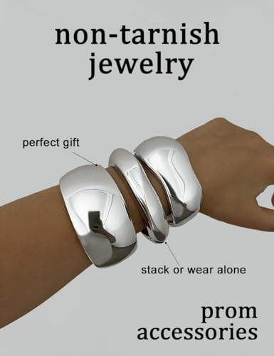 Chunky Gold Bangle Bracelets for Women, Dainty 14k Gold Plated Big Stackable Bangles Set, Trendy Statement Cuff Bracelet Stack Fashion Jewelry Gifts - style: 3 Silver chunky bangles