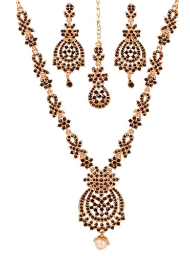 Touchstone Indian jewelry sets for women maang tikka wedding guest gold necklace bollywood jewellery set pageant elegant prom bride accessories western crystal chunky rhinestone necklaces - color: 1 Black in antique gold plating
