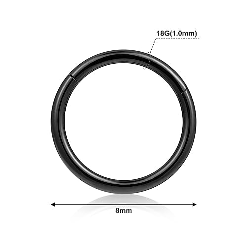 4Pcs 16G 18G 20G Surgical-Steel-Piercing-Ring-Nose-Rings-Hinged-Hoop-Earrings,6mm 8mm 10mm 12mm Seamless Stainless Steel Clicker Eyebrow Septum Piercing Hoop,Sliver Black Gold Rose Gold Rainbow Body Jewelry Set - color: 18G 8mm Black