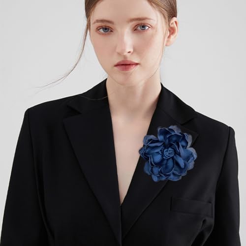 Dainty Fabric Rose Flower Large Brooch Lapel Pins Flower Brooches Pin Classic for Wedding Party Dance Banquet for Women Dress Suit Clothes Accessories Jewelry 100mm - color: Dark Blue