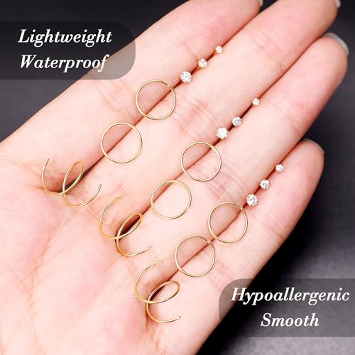 22G 18Pcs G23 Titanium Nose Rings Hoops for Sensitive Skin Double Nose Rings L Shaped Nose Studs Hypoallergenic Nose Piercings Jewelry - color: Gold