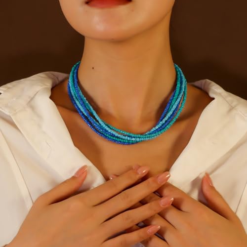 Colorful Multi-layered Seed Beaded Necklace Choker For Women Bohemian Handmade Crystal Stone Gemstone Hawaiian Necklace Holiday Birthday Summer Beach Jewelry Gift - color: Blue