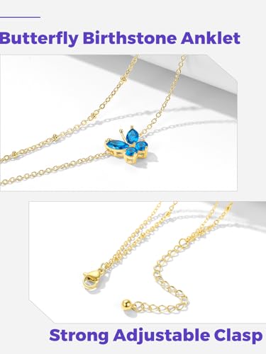 Richsteel Double Layer Heart/Butterfly Birthstone Anklet for Women | Non Tarnish Waterproof, Silver/Gold/Black Stainless Steel 8.5-10.5 Inch Adjustable Chain Anklets Summer Beach Foot Jewelry - color: Gold Butterfly-12 Dec.(Blue Topaz)