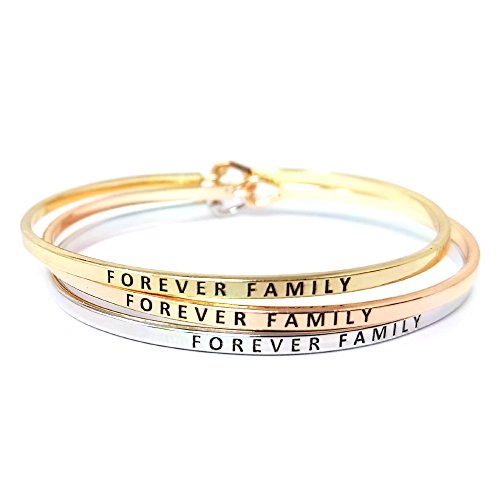by you Inspirational Positive Message Engraved Thin Cuff Bangle Hook Bracelet - color: Forever Family-Silver