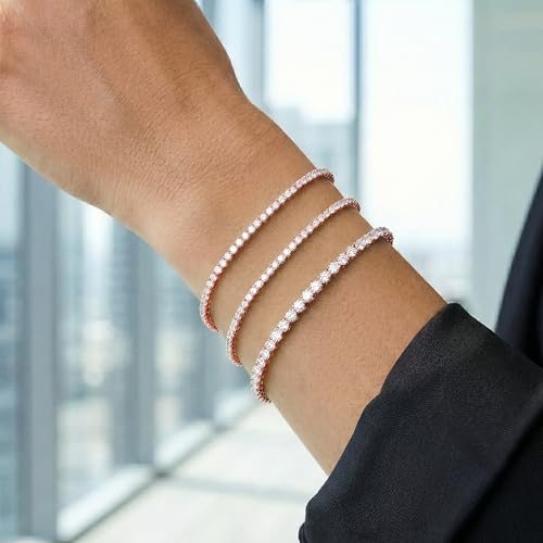 925 Sterling Silver Bracelets for Women Stack, Trendy Tennis Bangle Cuff Jewelry Set 14K Gold Plated, Adjustable Bracelet Set for Wrist Essentials, Women Fashion Watch Band Acecessories - style: Bracelet_3pcs(Rose Gold Tennis Set)