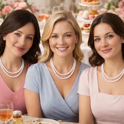 Sureio 12 Pack Fake Pearl Necklace Bulk Long Pearl Women's Girl's Jewelry 1920s White Pearls Party Favors Wedding Bridal Shower Tea Birthday Decorations