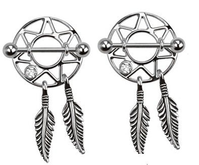 316L Surgical Steel Dream Catcher Feather Nipple Shield Gem 3/4" 14 Gauge Pair - color: Blue