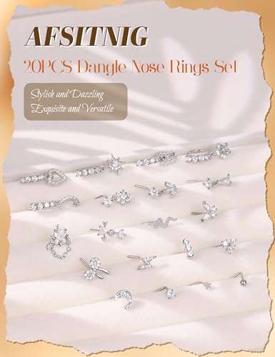 20Pcs 20G Dangle Nose Rings for Women Surgical Steel L Shaped Dangling Nose Studs Dainty Nose Ring Hoop Set CZ Heart Flower Butterfly Moon Nose Piercing Jewelry - color: Silver Clear Nose Rings