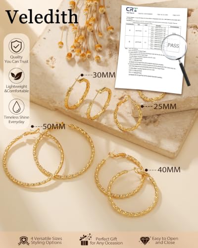 3MM Thin Sterling Silver Hoop Earrings for Women Hypoallergenic | Lightweight Small Silver Hoop Earrings Thin Twisted Hoop Earrings for Sensitive Ears - color: Gold-40MM