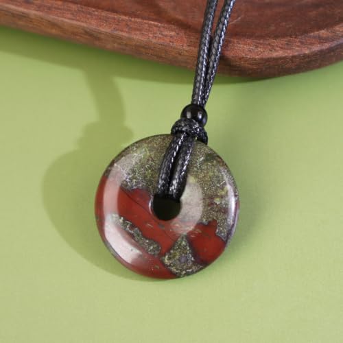 Anjiucc Natural Gemstone Pendant Necklce Lucky Coin Crystal Necklace Donut Pendnat with Adjustable Rope Healing Crystal for Men - color: Dragon Blood Stone