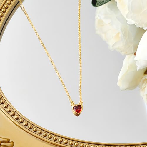 HERIER Cute Heart Necklace Dainty 18k Gold Plated Tiny Heart Pendant Choker Necklaces Small Gold Love Open Heart Chain Necklace for Women Simple Gold Necklace for Women Trendy Jewelry - color: Red Crystals Heart-Gold