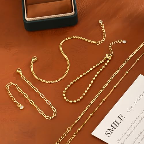 MFRYK Gold/Silver Bracelets For Women,Trendy 14k Gold/Silver Plated lightweight Dainty Chunky Thin Cuban Link Paperclip Chain Tennis Bangle Bracelets Stack Set,Ring Hand Chain Bracelet,Gold Jewelry Gift For Women Fashion Accessories - style: 5Pcs thin cub
