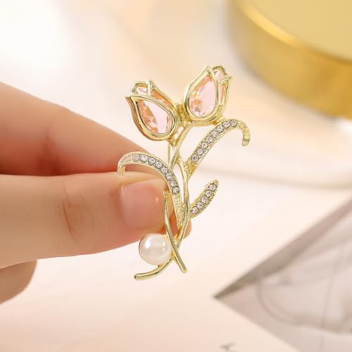 coadipress Tulip Floral Brooch Pin for Women Dainty Gold Plated Rhinestone Pearl Tulip Flower Green Leaf Broochs Pins Trendy Wedding Party Jewelry Accessories - style: PINK CZ