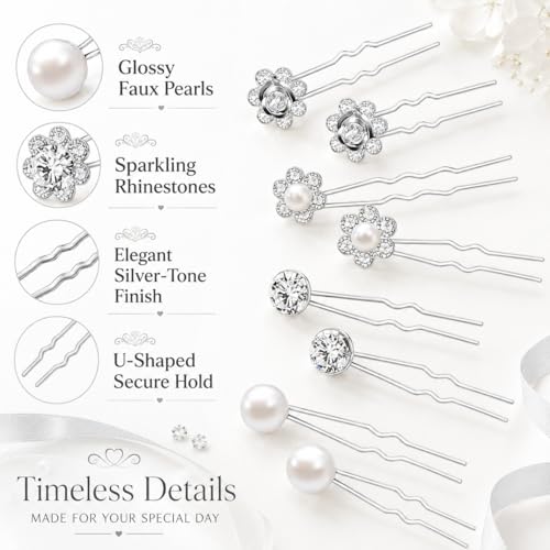 40 Pcs Silver Rhinestone Pearl Hair Pins for Women - U-Shaped Decorative Flower Diamond Hair Accessories, Perfect for Wedding, Prom, Brides, Bridesmaids & Daily Wear