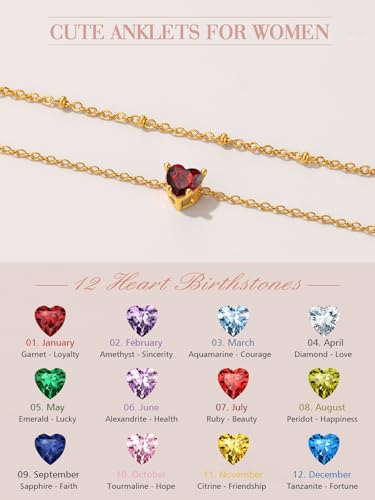 FindChic Bling Heart Birthstone Anklets Layered Beaded Ankle Bracelets for Women Gold/Black/Silver 12 Month Gem Colors Foot Chain Summer Jewelry for Girls, with Gift Box - color: Gold, style: 07. Jul.-Created Ruby(Prong Setting)