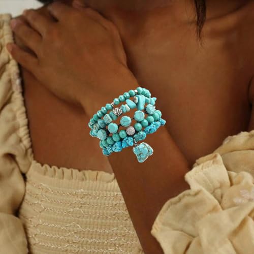 Yomisa Boho Beaded Bracelets/Bangle for Women,Multilayer 5/6/7PCS Healing Natural Handmade Stone Bead Bracelets Stackable Stretch Friendship Beaded Bracelet Set Trendy Western Bohemian Jewelry Gift - color: 5pcs-Turquoise