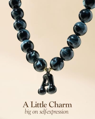 DoDoBeads Chunky Colorful Beaded Initial Necklace, Bubble Letter Choker | Gift box and dust pouch included; waterproof and sweat-resistant with real gold plated stainless steel hardware - color: Black-A