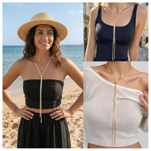 Chunky Long Y Necklace for Women, Waterproof Herringbone Drop Dangle Necklace, Adjustable Lightweight Trendy Fashion Slip Tie Necklace, Thin Layered Choker Chest Chain - color: Gold
