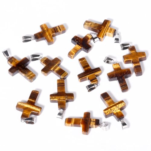 12PCS Natural Stone Cross Pendant Gemstone Charms Bulk for Jewelry Making | Healing Crystal Quartz Chakra Reiki Gemstone Pendants Charms Bulk for Necklace Craft - color: Tiger's Eye Cross