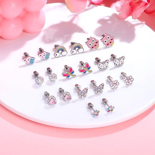 10Pairs Hypoallergenic Screw Back Earrings for Women Girls Stainless Steel | CZ Heart Butterfly Ball Stud Earrings Multicolored Cat Rainbow Screwback Stud Earrings Set Over 3 Years Old - style: flower earrings