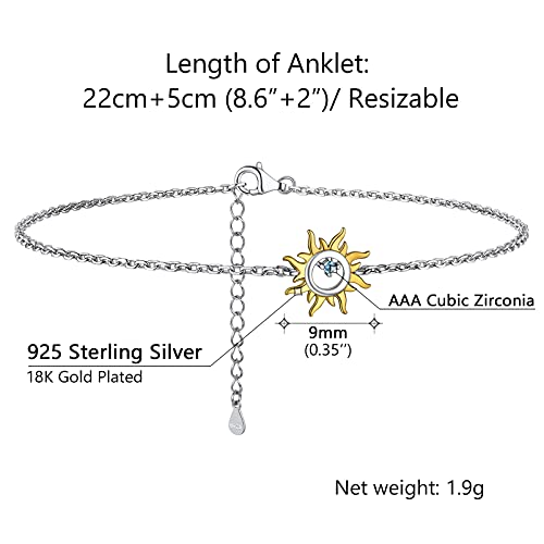 PROSILVER 925 Sterling Silver Ankle Bracelets For Women, Stylish Chain Anklets, Summer Beach Jewelry, 8.6-10.6 Inch Adjustable, Come with Box - style: 01 Sun Anklet