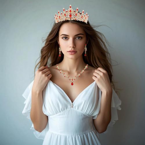 Crystal Crown Jewelry Set for Women Bride Queen Tiara Earrings and Necklace | Metal Royal Crown Costume Jewelry Set Wedding Prom Quinceanera Party Pageant Halloween Retirement Christmas Birthday Gift - color: Red