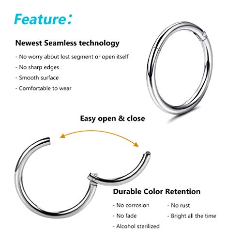 4Pcs 16G 18G 20G Surgical-Steel-Piercing-Ring-Nose-Rings-Hinged-Hoop-Earrings,6mm 8mm 10mm 12mm Seamless Stainless Steel Clicker Eyebrow Septum Piercing Hoop,Sliver Black Gold Rose Gold Rainbow Body Jewelry Set - color: 18G Silver