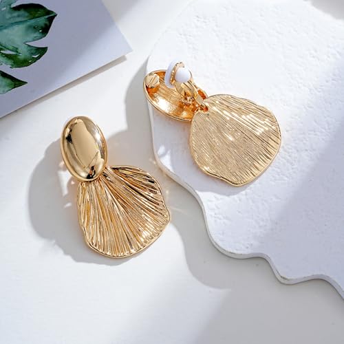Gold-Plated Clip-On Earrings Non-Pierced Fan Shell Statement Earrings Textured Coastal Jewelry