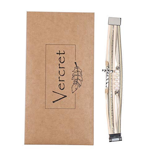 Vercret Leather Wrap Bracelet for Women, Multi-Layer Cuff Bangle | Boho Stacked Bracelets with Safe Clasp Western Bangle Jewelry Gift for Lady and Mom Sister Friend - style: Pearl Cross Beige