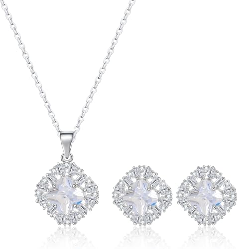 14K Gold Plated | 14K Platinum Plated Necklace for Women Necklace Earrings Set with Sparkling Zircon Inlay and Silver Post Earrings - color: Zircon square three-leaf flower set silver