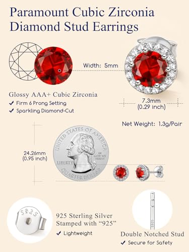 Suplight 925 Sterling Silver Birthstone Stud Earrings for Women, Round/Heart/Teardrop/Square Crystal Diamond Earrings for Women, Dainty Birthday Gifts Jewelry - color: style a-07. round-July(Created Ruby)