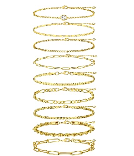 Gold Bracelets Set for Women Trendy, 14K Real Gold Plated Jewelry for Women Dainty Chain Bracelet Stack, Non Tarnish Gold Stackable Bracelets Pack Fashion Accessories Gifts - color: Style3-gold