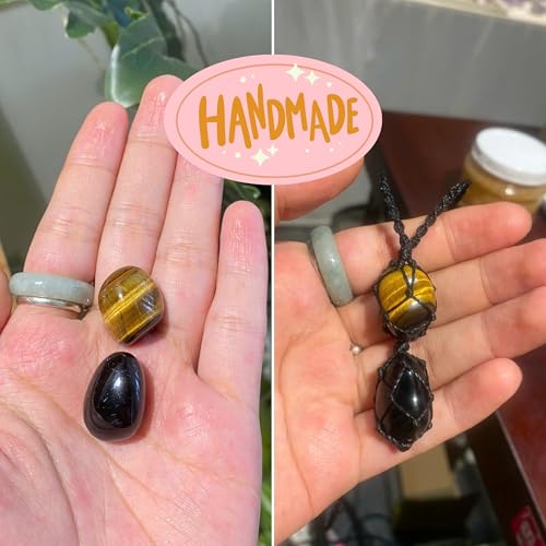 Handmade Black Tourmaline & Tiger Eye Crystal Necklace, Natural Gemstone Macrame Pendant for Men and Women, Protection & Stability Jewelry