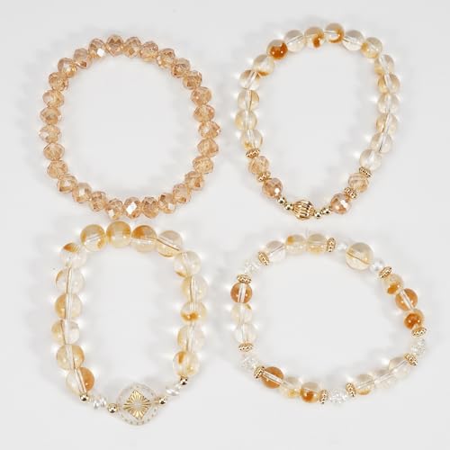 Boho Beaded Bracelet Set for Women - 4 Pcs Multilayer Stackable Crystal Glass Bead Bracelets with Faux Pearl Elastic Stretch Fashion Jewelry for Daily Wear, Beach, Party & Gifts - color: Champagne