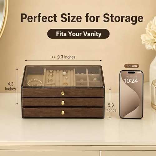 3 - Layer Wooden Drawers Jewelry Box for Women, Jewelry Organizer with Acrylic Cover & Velvet Lining - Adjustable Compartments for Earrings, Rings, Necklaces, Bracelets, Lipstick - size: 10"D x 4.5"W x 6.8"H