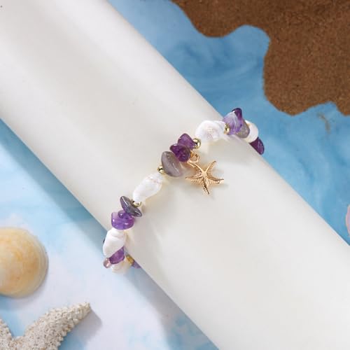 Waterproof Starfish Shell Bead Anklets Bracelets for Women Bohemian Hawaiian Beach Crushed Stone Bead Anklet Summer Mermaid Outfit Costume Jewelry Accessories - color: Purple