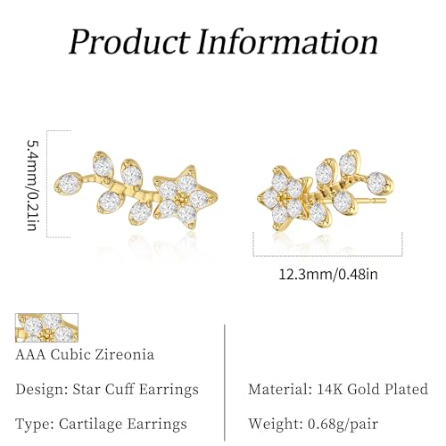 Star 14K Gold Plated Ear Cuff Earrings for Women Non Piercing, Dainty Silver Plated Clip on Cartilage Ear Cuff Non Pierced Trendy CZ Northstar Starburst Sparkling Climber Clawer Earring Jewelry - style: Flower Cluster-2