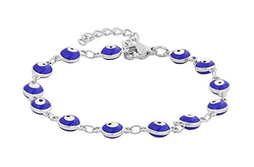 Women's Charm Enamel Evil Eye Protection Link Chain Bracelet - color: Silver,Blue