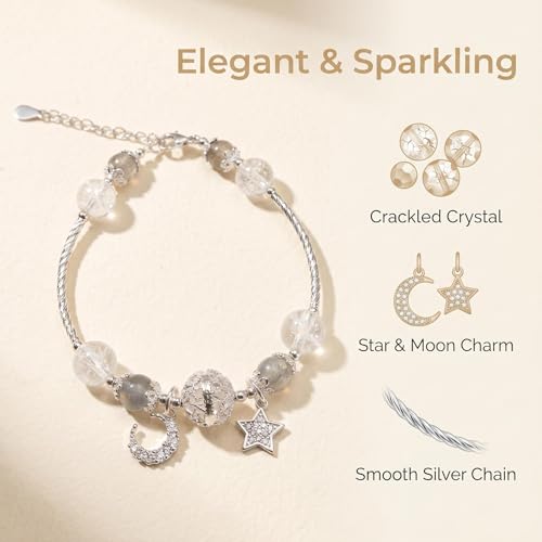 Star and Moon Bracelet for Women, White Crystal Bracelet with Celestial Charm, Spiritual Energy Beaded Bracelet for Meditation Yoga Travel Daily Wear, Inspirational Birthday Gift for Her Friend Sister