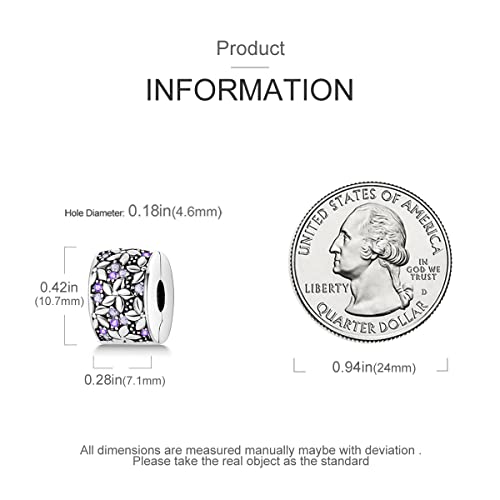 Parmuz Clip Spacer Charm for Bracelet 925 Sterling Silver Stopper Beads | Pave Lock Stopper Charm for Necklace Pink Daisy Butterfly Cubic Zirconia Openable Beads Jewelry Gift for Woman - color: 2pcs Purple flower clip charm