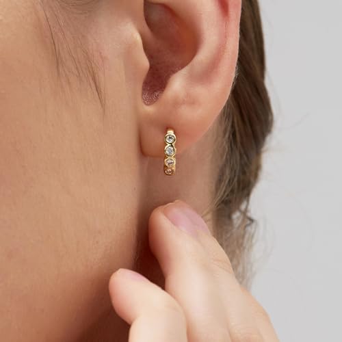 18K Gold Plated Huggie Hoop Earrings for Women, 925 Sterling Silver Post, Hypoallergenic Small Earrings - color: Tennis Huggies