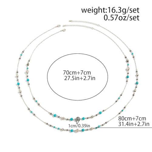 Long Pearl Necklaces for Women Pearl Long Chain Necklace Gold Chain Dainty Delicate Station Necklace Jewelry for Dress Party - color: 2Layer Turquoise