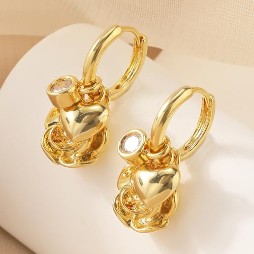 Dangle Gold Charm Earrings for Women 14K Gold Plated Bow Cherry Rose Zirconia Dragonfly Love Heart Wing Cross Pearl Conch Seashell Huggie Hoop Earring Drop Cross Trendy Party Jewelry Gifts for Women - style: Rose and Heart