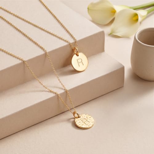Bemoly Initial Necklace for Women Round 11MM Coin Disc Double Side Engraved Letter A-Z Hammered Pendant 14K Gold Plated Personalized Alphabet Birthday Jewelry 17.5" - style: R