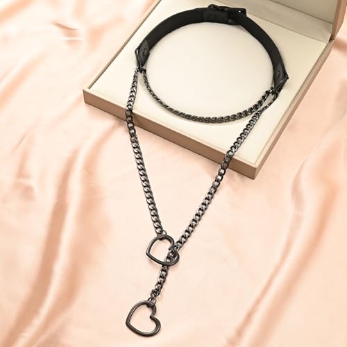 MIFYNN Heart O ring Slip Chain Necklaces for Women Stainless Steel Cuban Chain Bar Necklace Punk Rock Collar Necklace Handmade Adjustable Lariat Y Necklaces for Men - color: Black leather