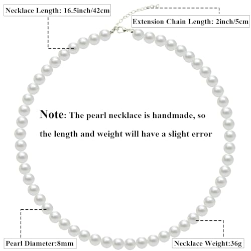 Pearl Choker Necklace for Women, 4/6/8/10mm White Imitation Pearl Necklace, Round Faux Glass Pearl Necklace, Pearl Necklace, Elegant Wedding Parties Pearl Necklace - color: Diameter of Pearl 8mm
