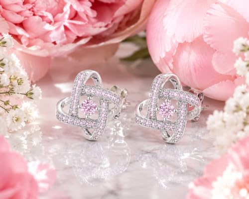 Amy & Annette Sterling Silver Love Knot Stud Earrings with Crystals | Hypoallergenic Aretes de Plata Para Mujer | 925 Sterling Silver Earring | Stud Earrings for Women | Lightweight - color: Pink