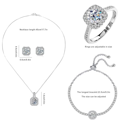 Women 4Pieces Cubic Zirconia Jewellery Set Rhinestone Necklace Earrings Bracelet Ring - color: Silver 2